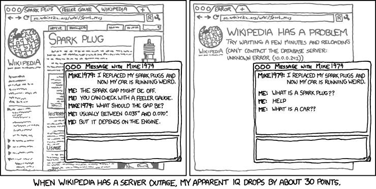 XKCD 903. Légende : "When Wikipedia has a server outage, my apparent IQ drops by 30 points."