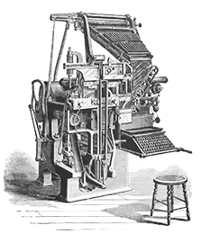 Image d'ancienne imprimante Linotype, avec clavier et tabouret